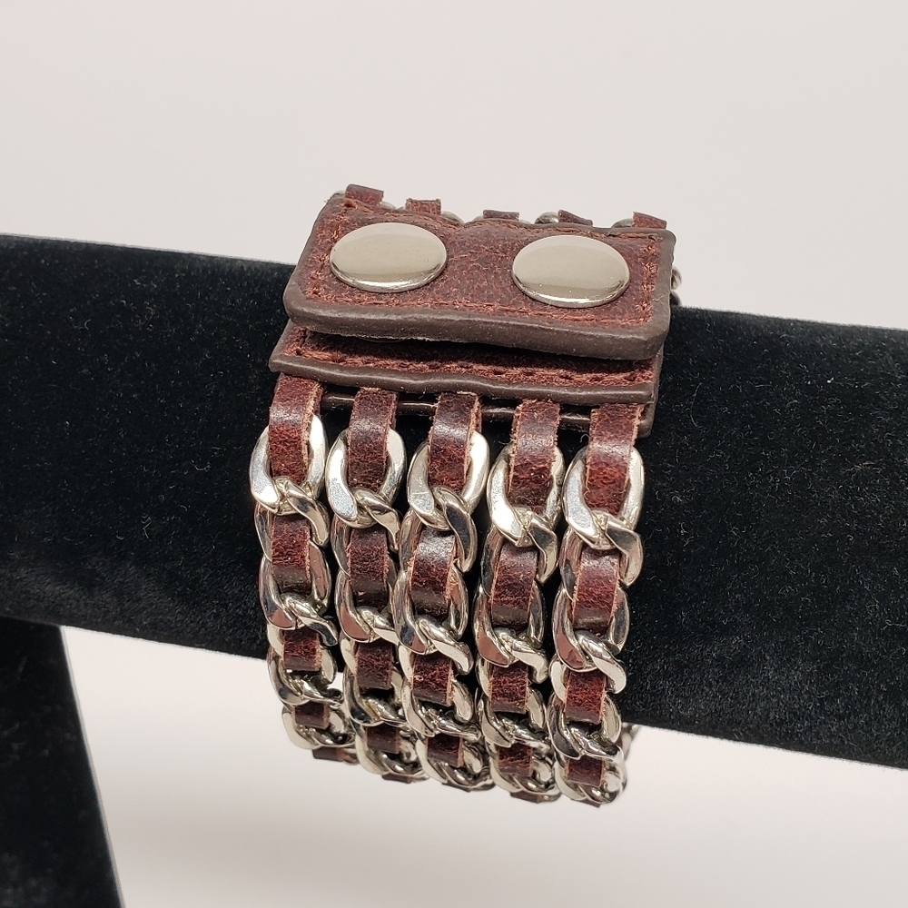 Womens Leather Metal Chain Links Bracelet Snap Closure - Picture 9 of 9